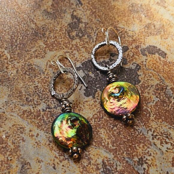 Freshwater Pearl Irrid. Coin Beads Ant. Sterling Etched Earrings - Picture 1 of 7